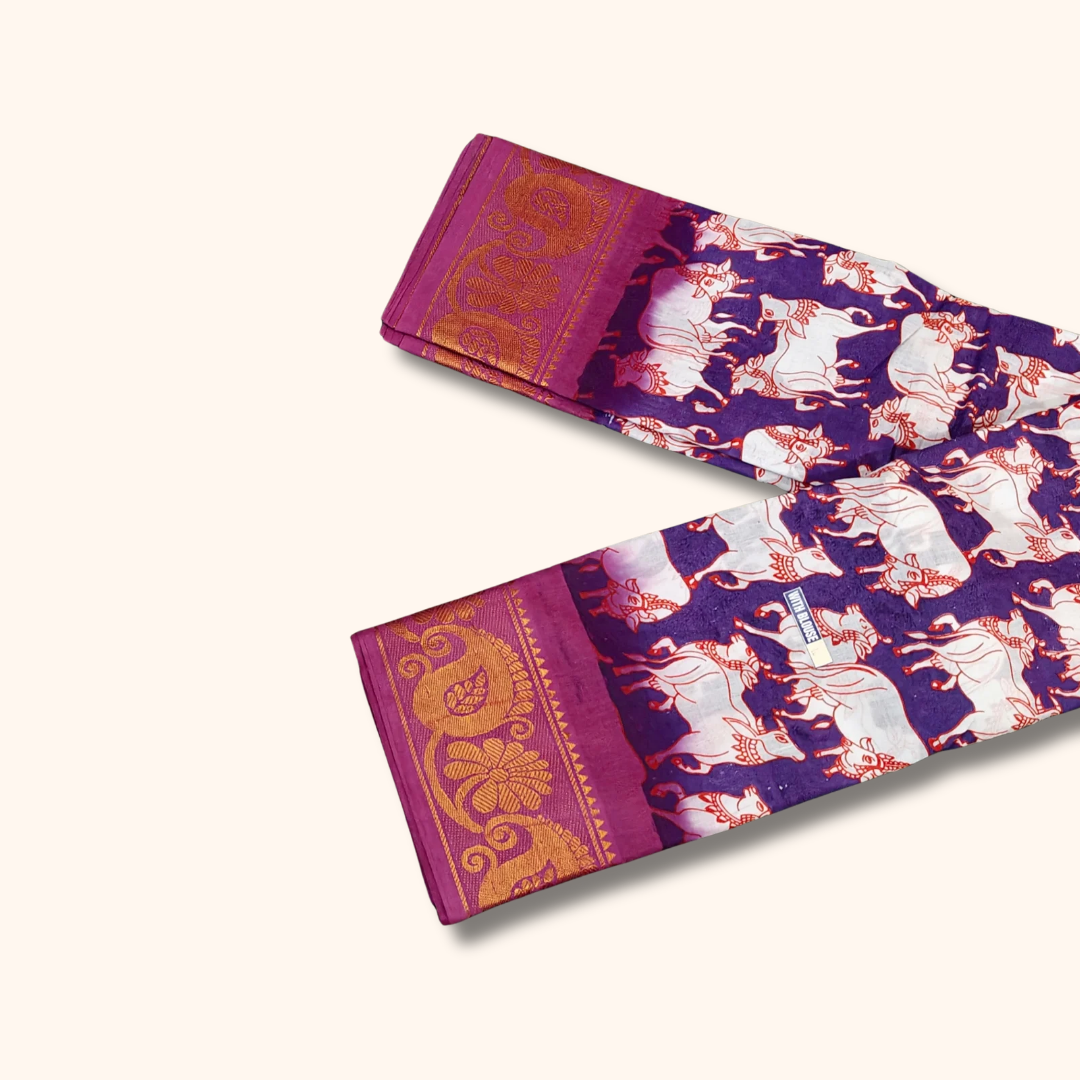 Purple Cow Print Sungudi Cotton Saree with Magenta Border