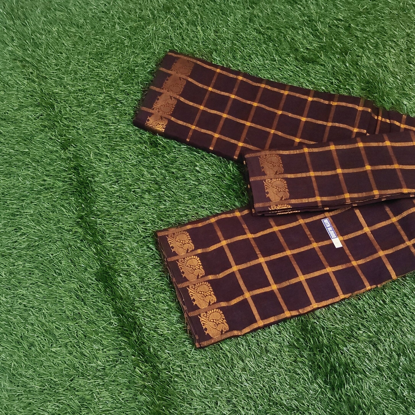 Dark Chocolate Brown Pavithra Kattam Cotton Saree with Gold Elephant Border