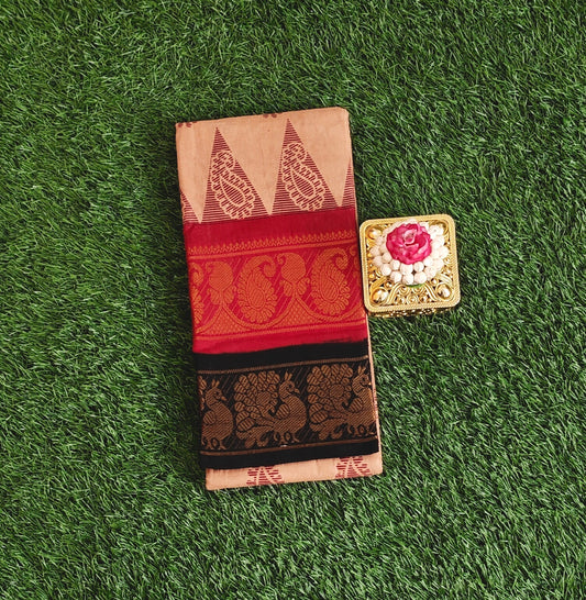 Brick Brown Sungudi Cotton Saree with Red Double Border & Traditional Motifs