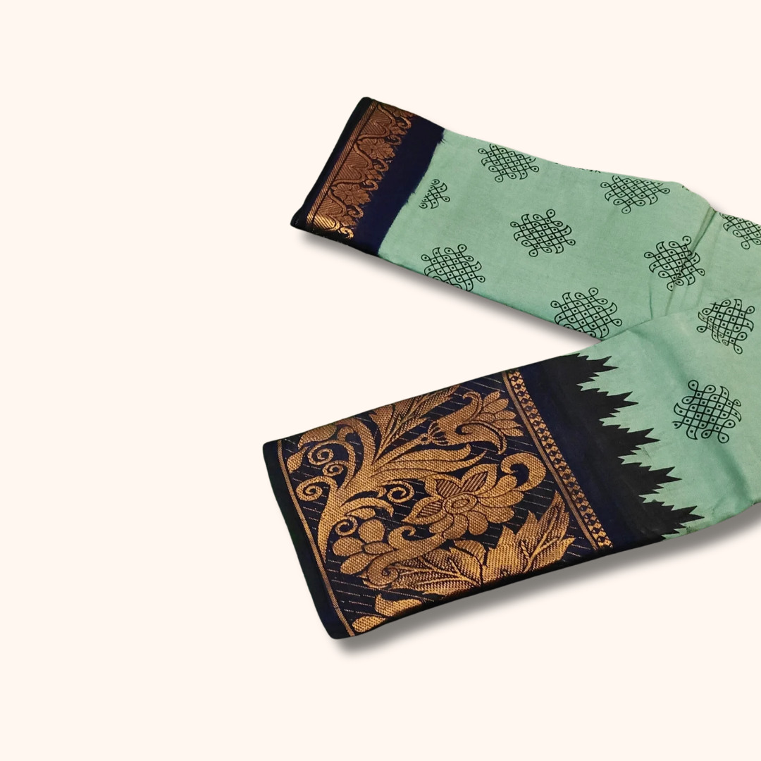 Mint Green Kolam Sungudi Cotton Saree with Black Floral Heritage Border