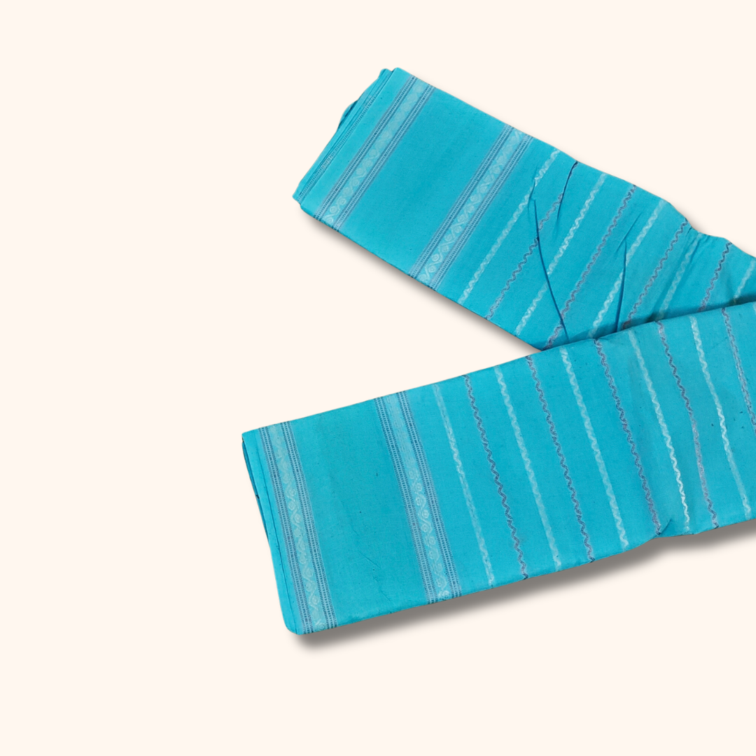 Turquoise Blue Cotton Saree with White Stripe Design – Running Blouse