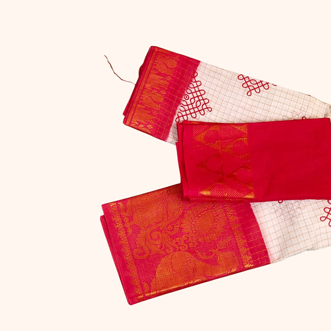 White Checked Kolam Design Sungudi Saree with Pink Border – Separate Blouse
