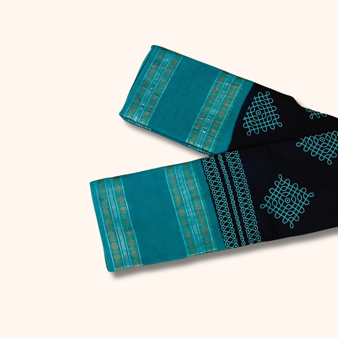 Navy Blue and Teal Blue Kolam Design Cotton Saree with Running Blouse