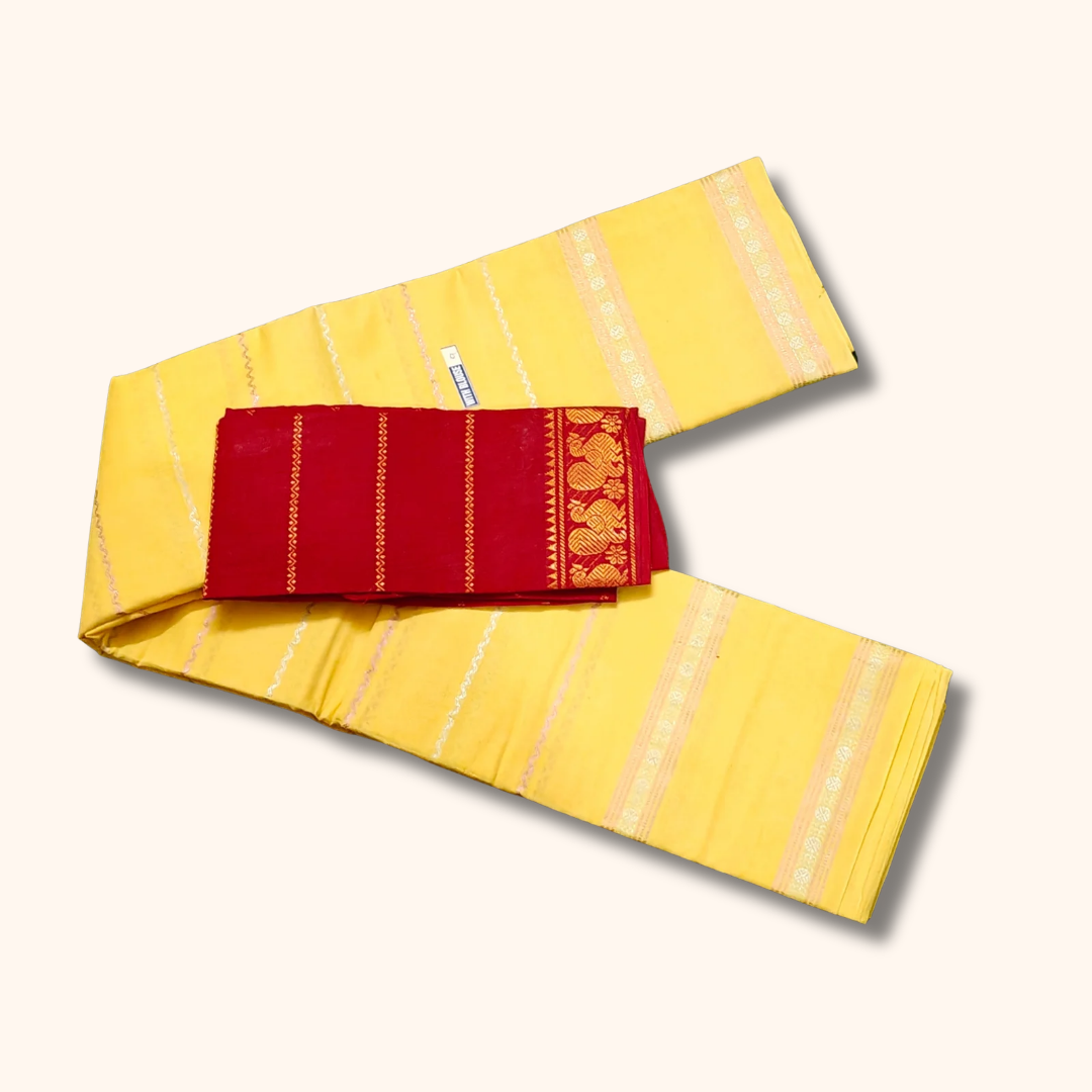 Pastel Yellow with Contrast Red Blouse Piece Sungudi Sarees