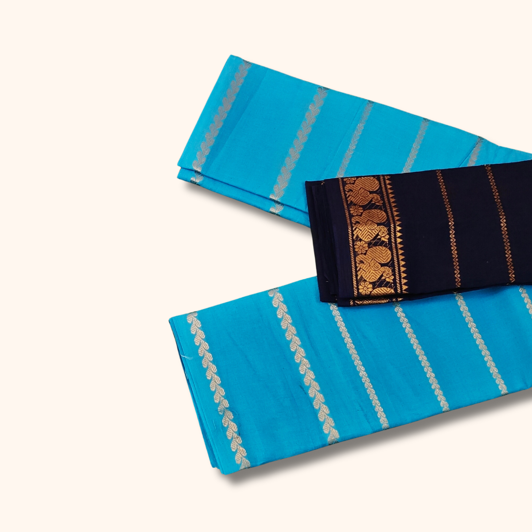 Sky Blue Sungudi Cotton Saree with Navy Blue Contrast Blouse