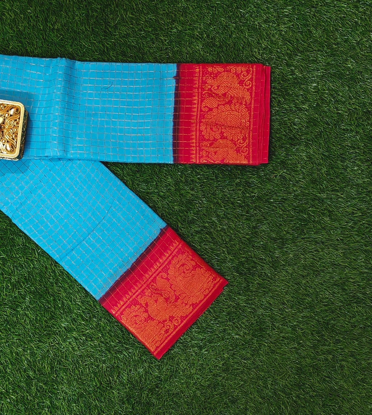 Sky Blue Checked Sungudi Cotton Saree with Peacock Zari Border