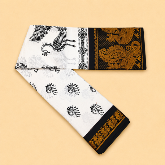 White & Black Peacock Print Cotton Saree with Traditional Black Border