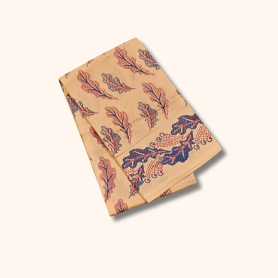 120s Count Vayal Cotton Saree in Beige with Floral Print Border