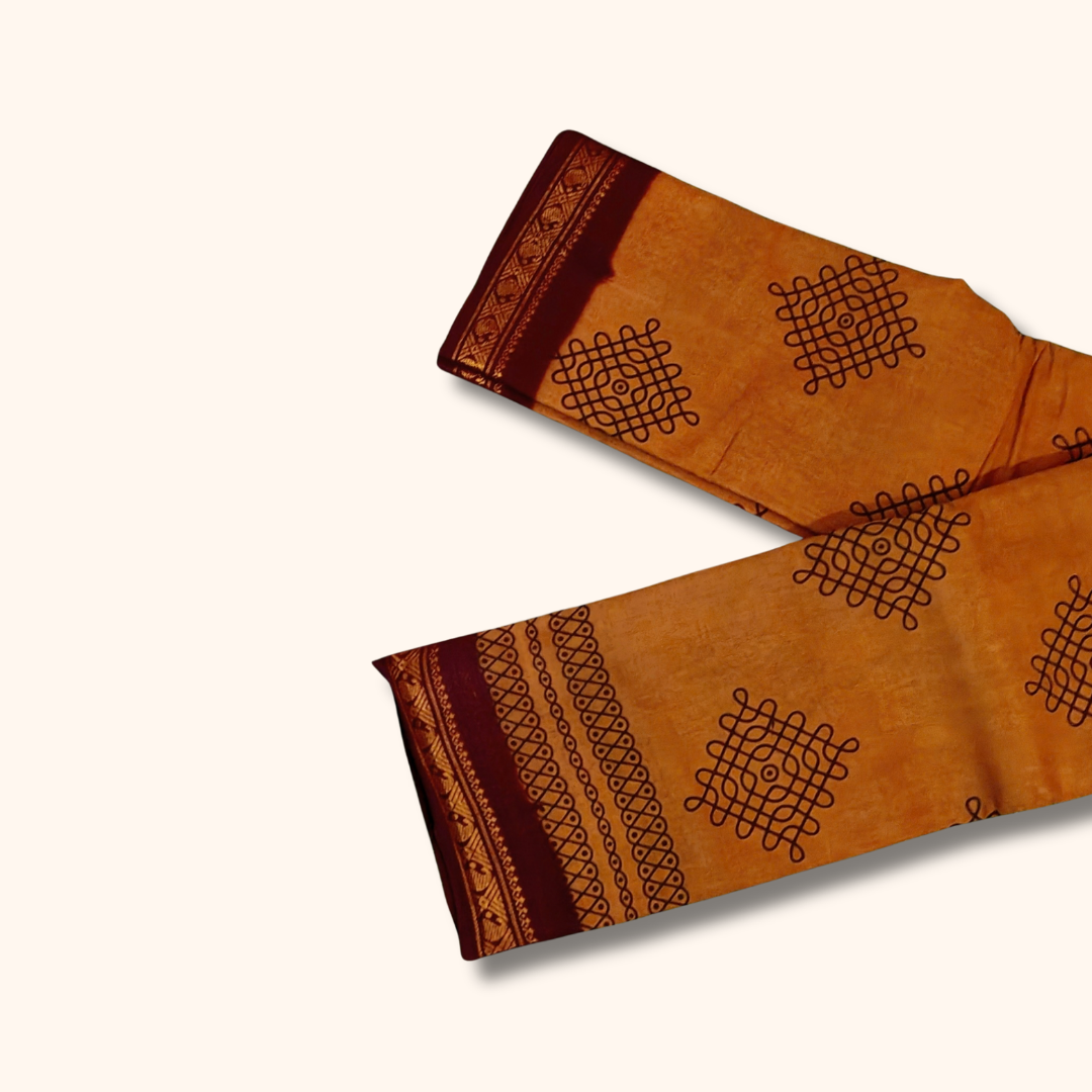Brown Kolam Design Running Blouse Saree with Maroon Border