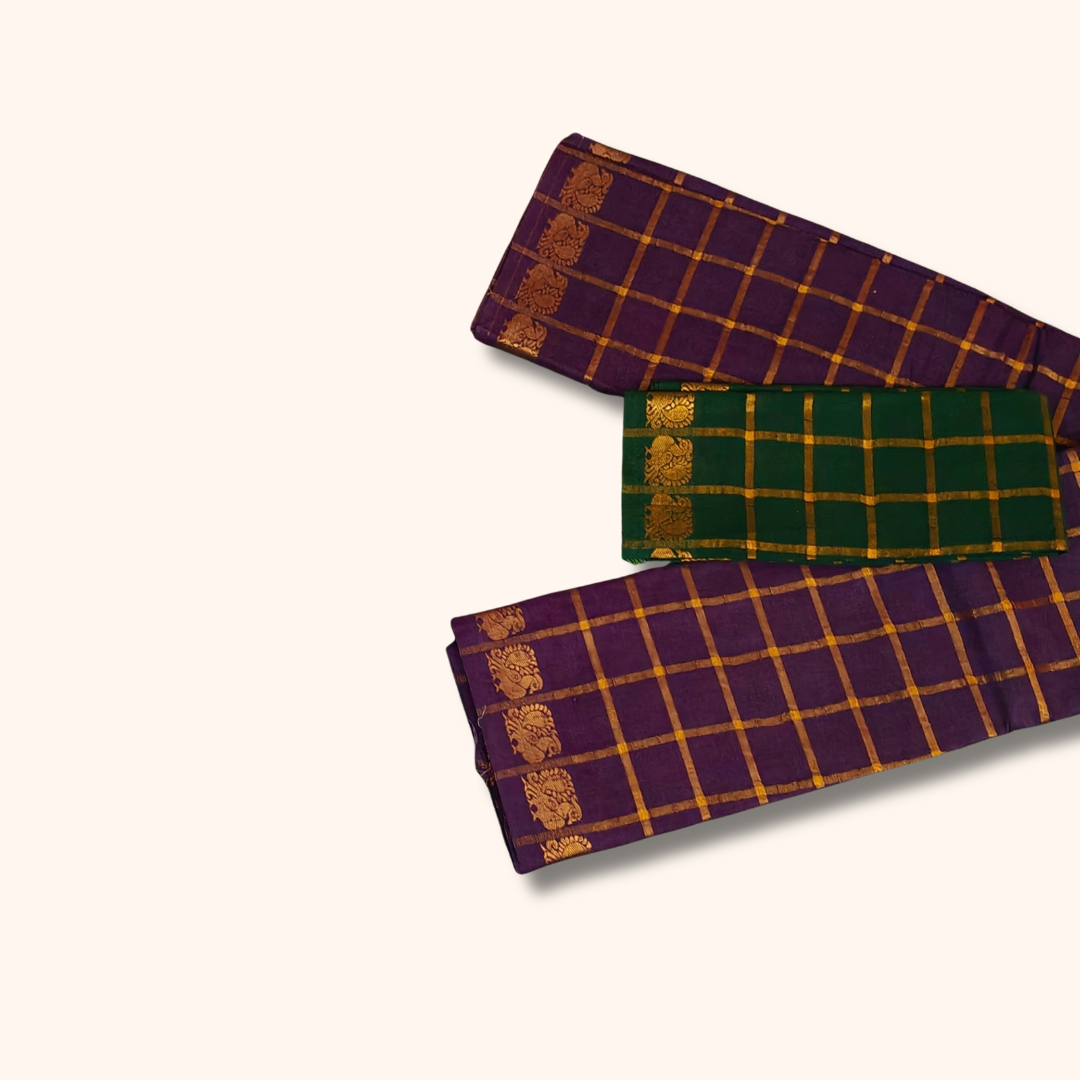 Pavithra Kattam Sungudi Cotton Saree – Dark Maroon with Gold Checks & Traditional Border