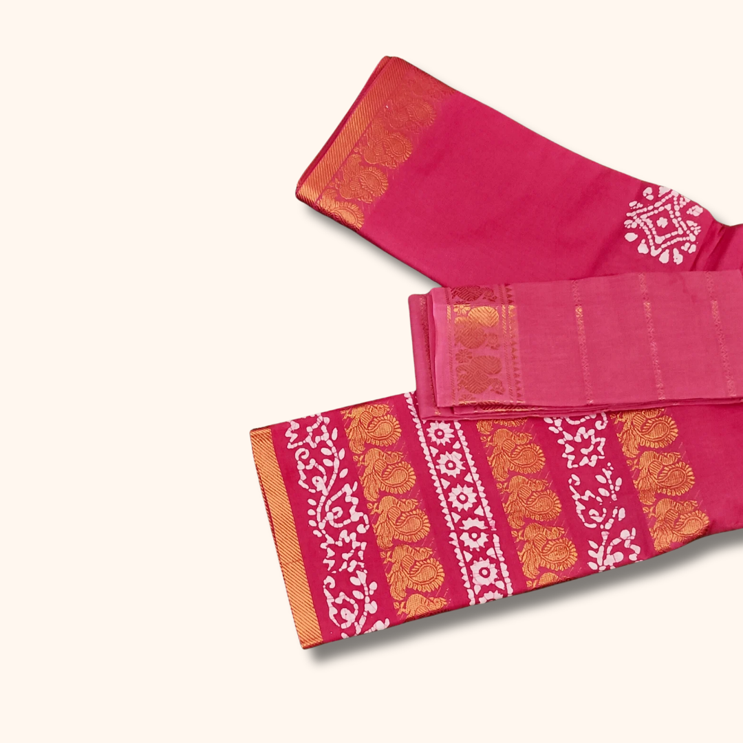 Rani Pink Batik Cotton Saree with Separate Blouse