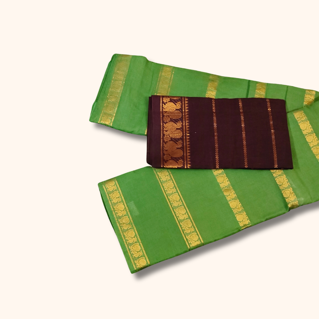 Parrot Green Cotton Saree with Gold Zari Stripe Border & Separate Maroon Blouse