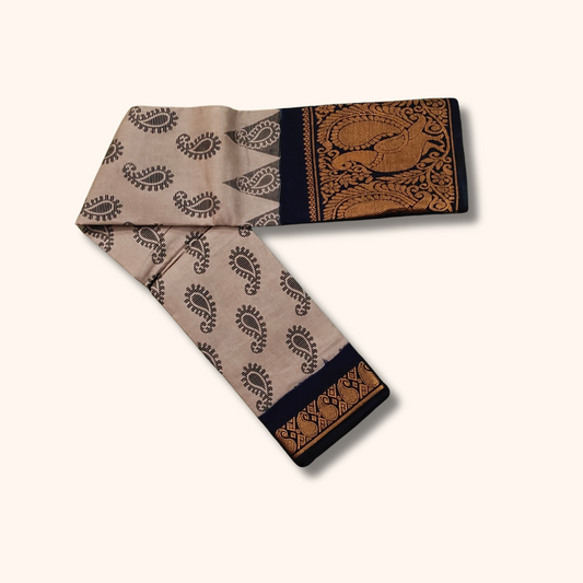 Ash Grey Printed Cotton Saree with Navy Blue Peacock Border