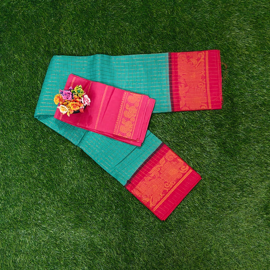 Parrot Green Checked Sungudi Cotton Saree with Rich Pink Zari Border