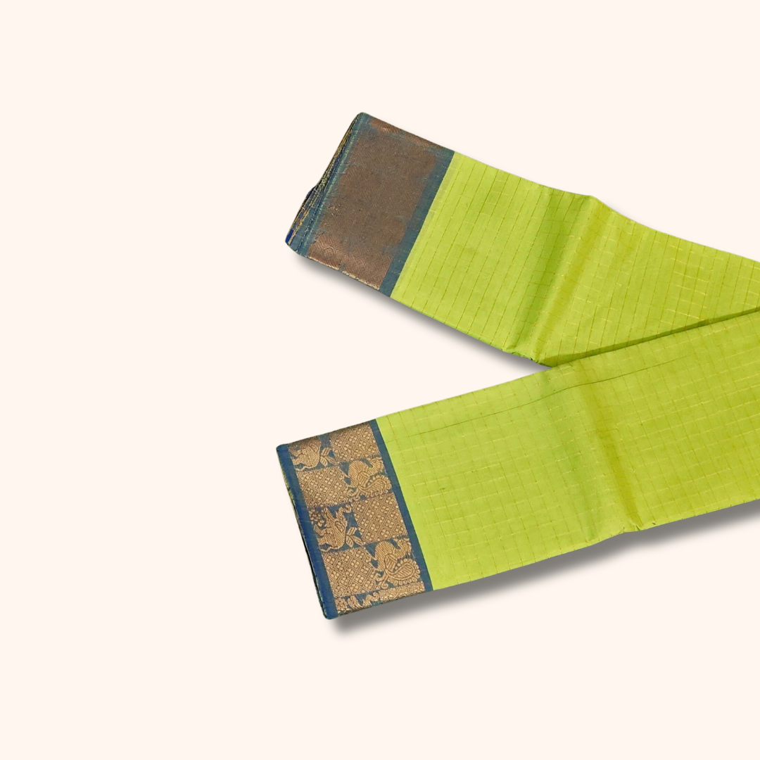 Lime Green Chettinad Cotton Saree with Blue & Gold Zari Border Without Blouse