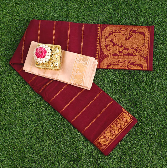 Beautiful Wine Maroon South Indian Cotton Saree with Contrast Blouse