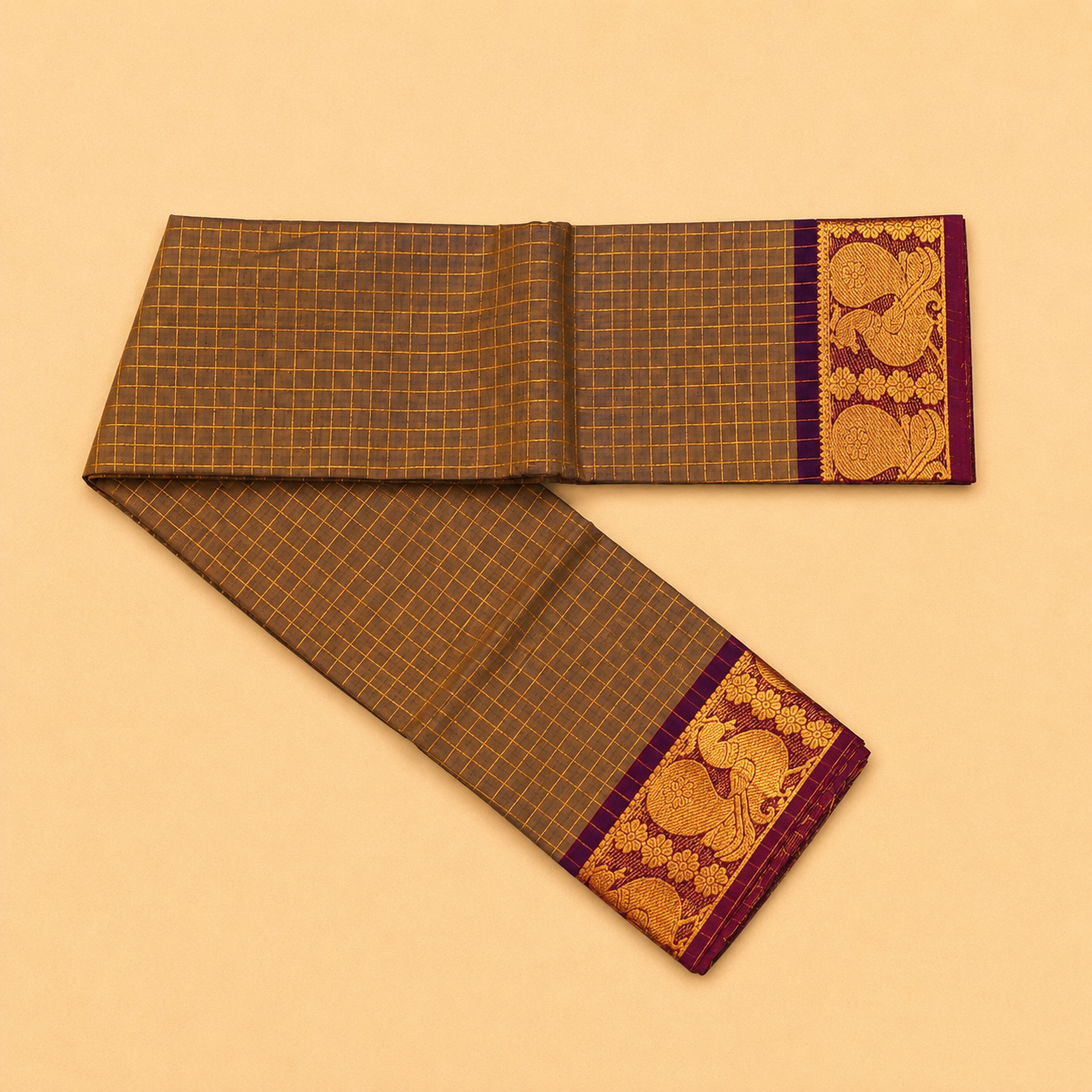 Ash Brown Checked Chettinad Cotton Saree with Purple Peacock Border