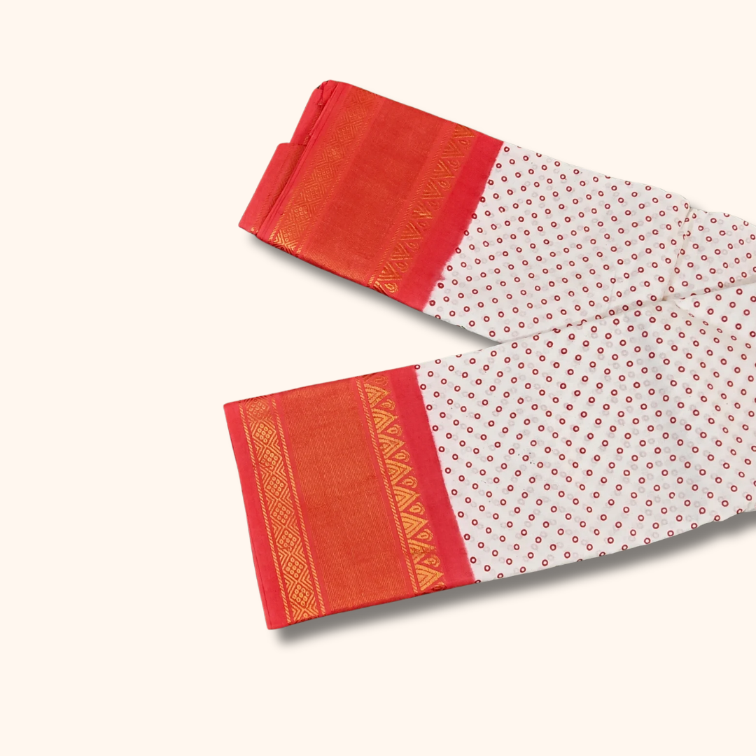 White Cotton Saree with Coral Orange Rich Border