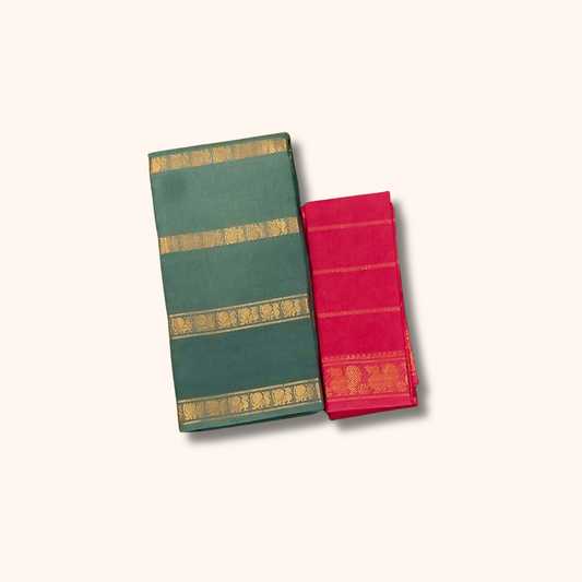 Sage Green Gold Zari Border Cotton Saree with Separate Blouse Piece