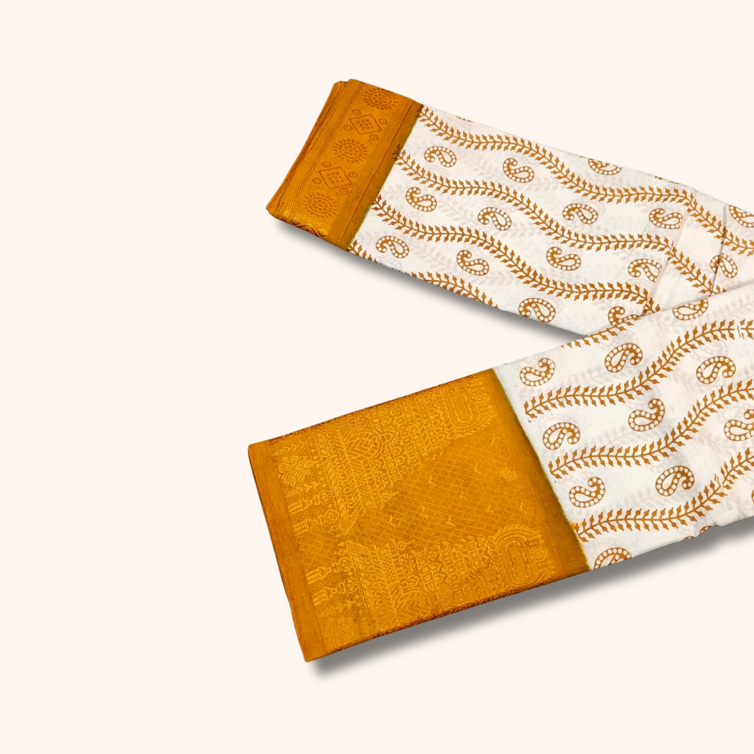 Off White Sungudi Cotton Saree with Mustard Yellow Temple Border