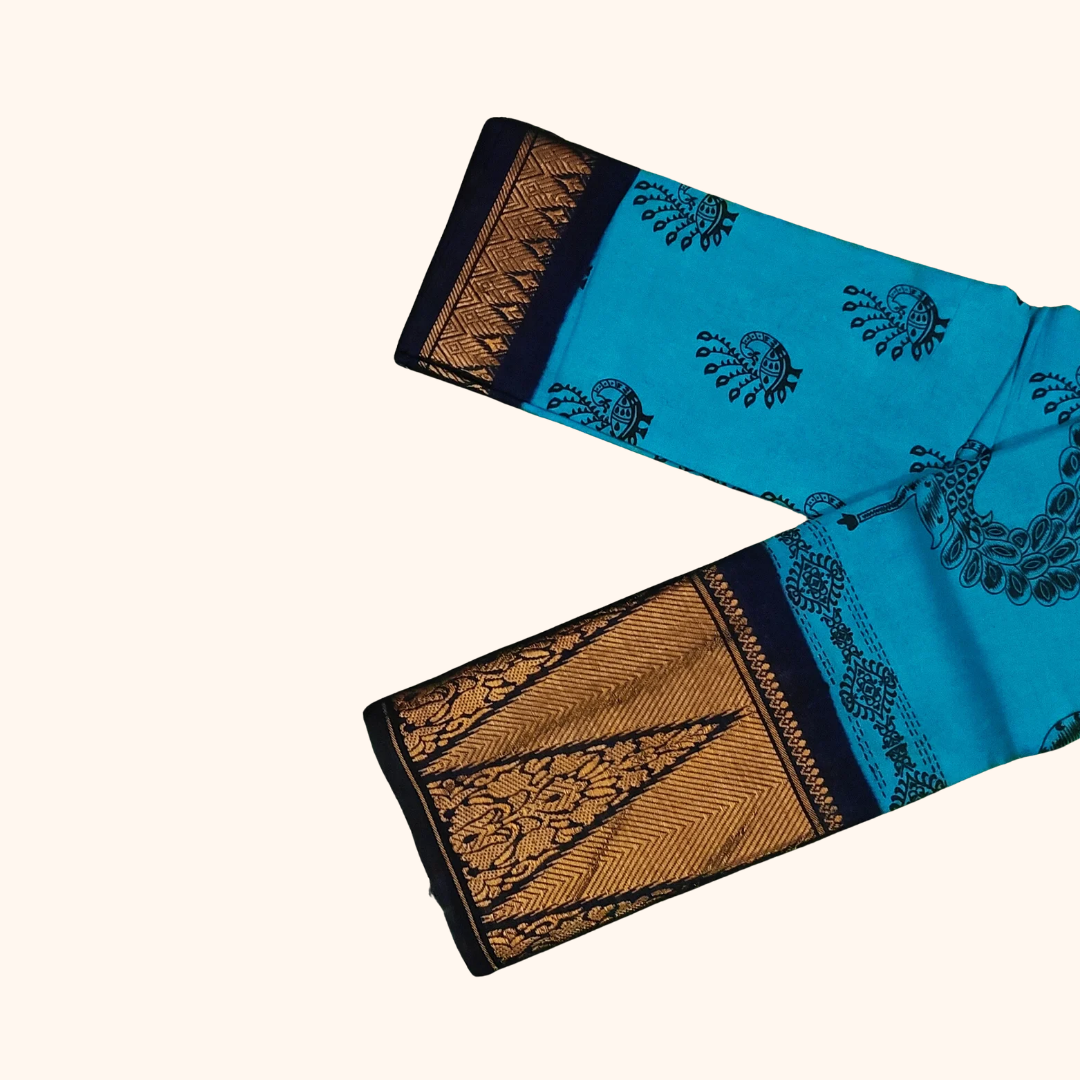 Turquoise Blue Peacock Print Cotton Saree with Navy Blue Temple Border
