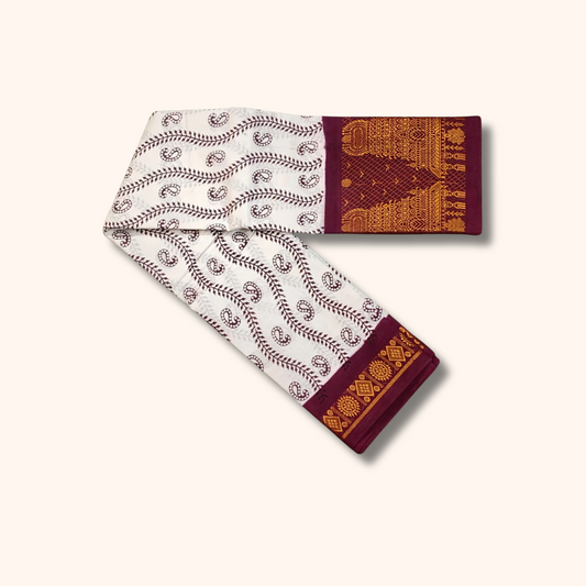 Off White Sungudi Cotton Saree with Maroon Temple Border