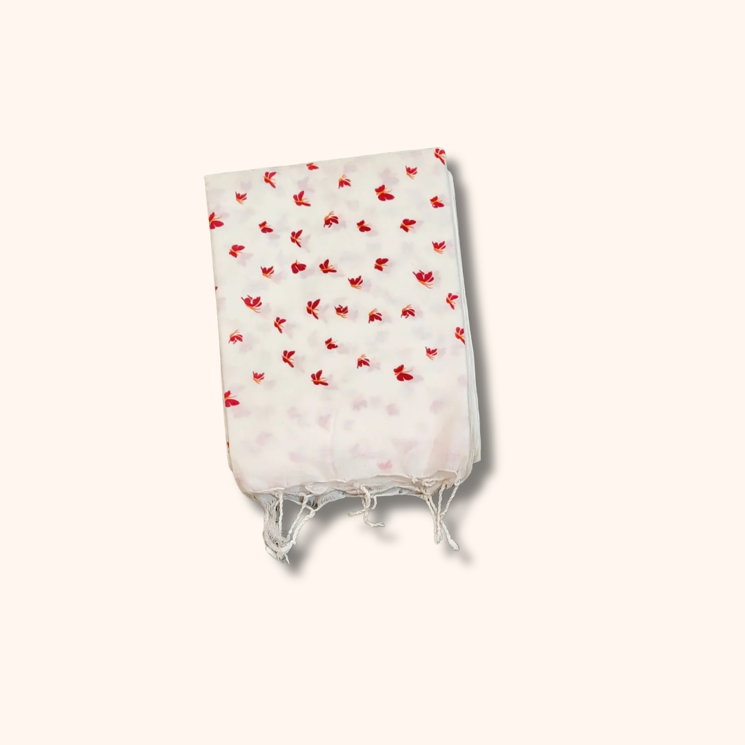 White Mul Cotton Saree with Red Floral Print – Running Blouse Included