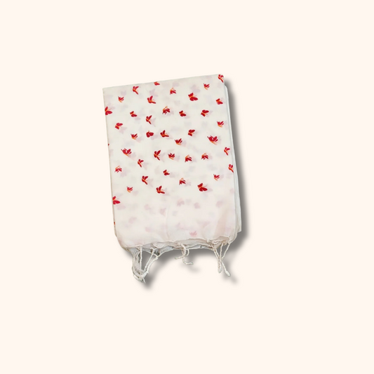 White Mul Cotton Saree with Red Floral Print – Running Blouse Included