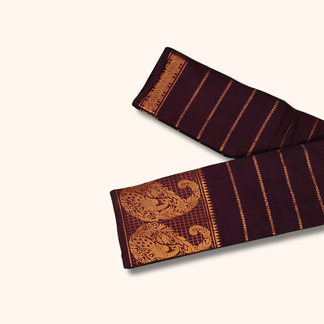 Dark Coffee Brown Cotton Saree with Gold Peacock Border – Running Blouse