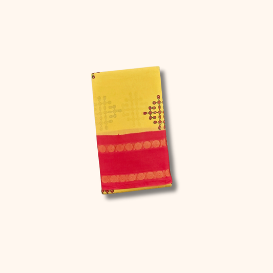 Mustard Yellow Floral Design Cotton Saree with Red Running Blouse