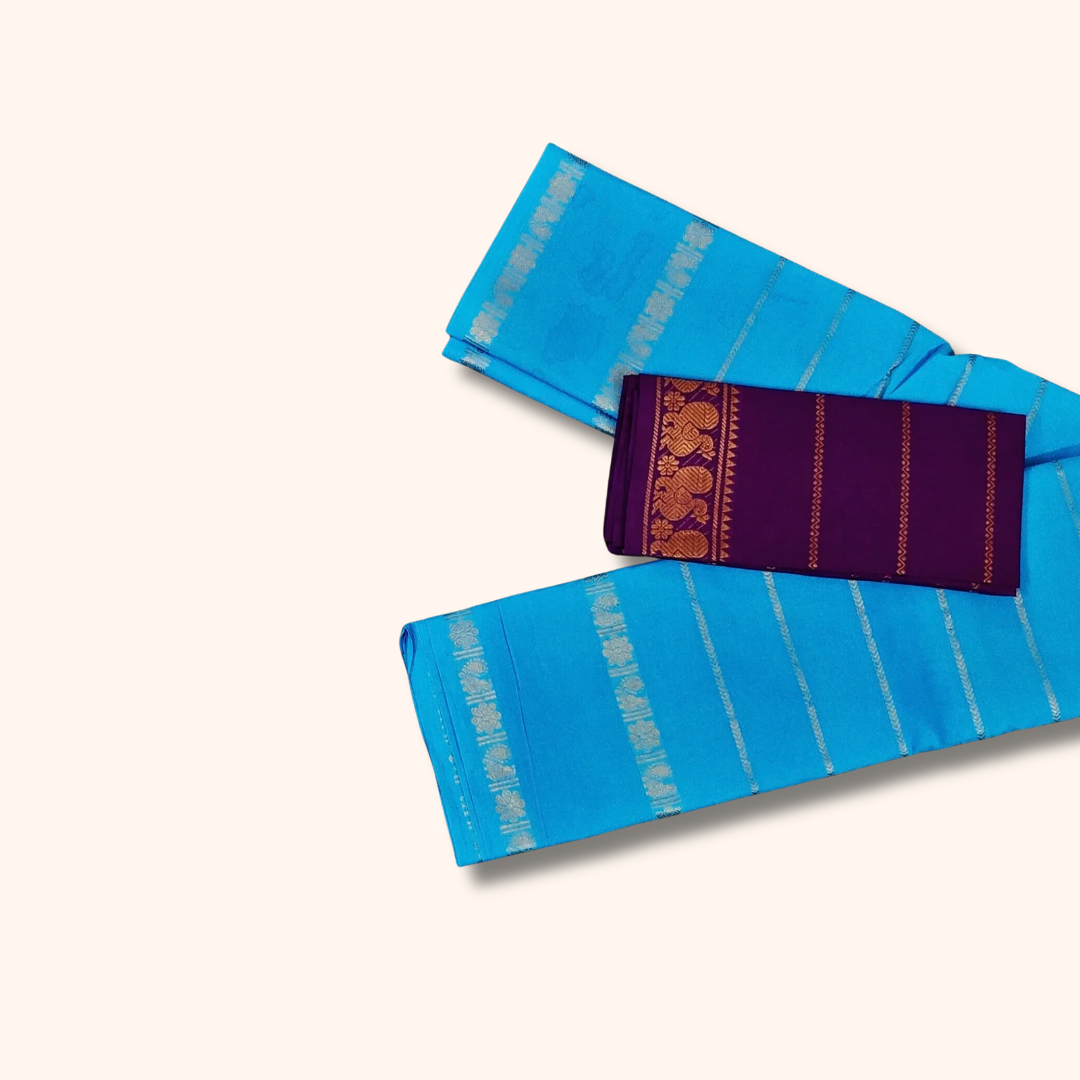 Sky Blue Cotton Saree with Gold Zari Stripes & Purple Blouse Piece