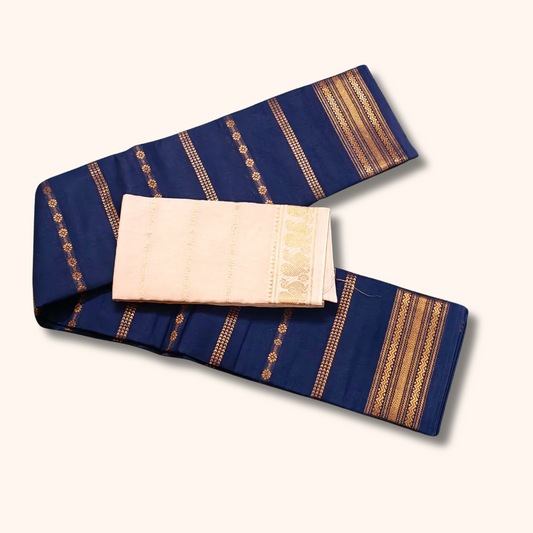 Royal Blue Sungudi Cotton Saree with Gold Woven Stripes & Contrast Cream Blouse Piece