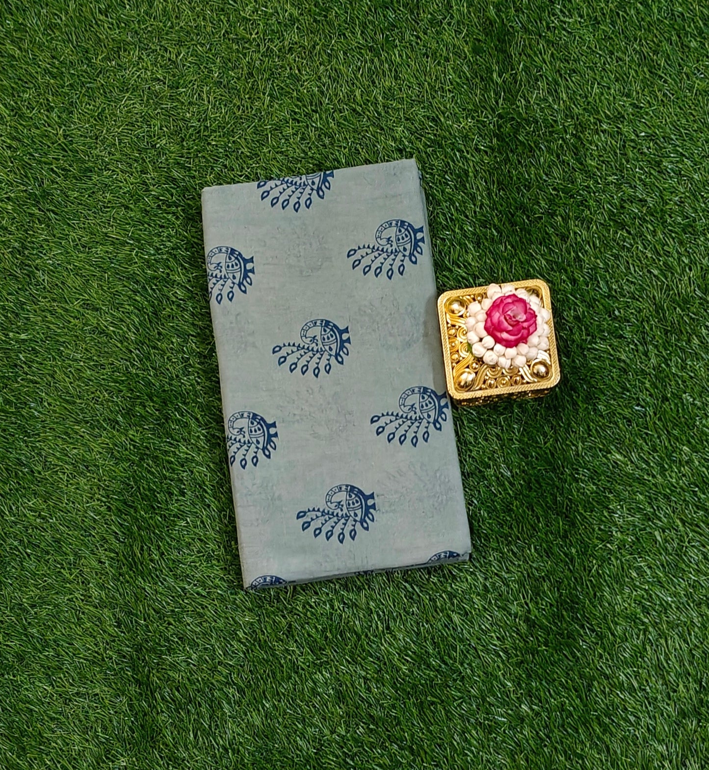 Authentic Grey Cotton Saree with Peacock Print Design