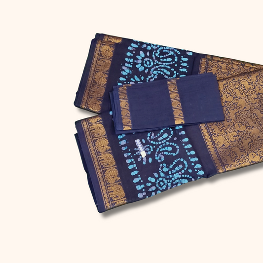 Navy Blue Batik Design Sungudi Cotton Saree with Elephant Zari Border & Separate Blouse Piece