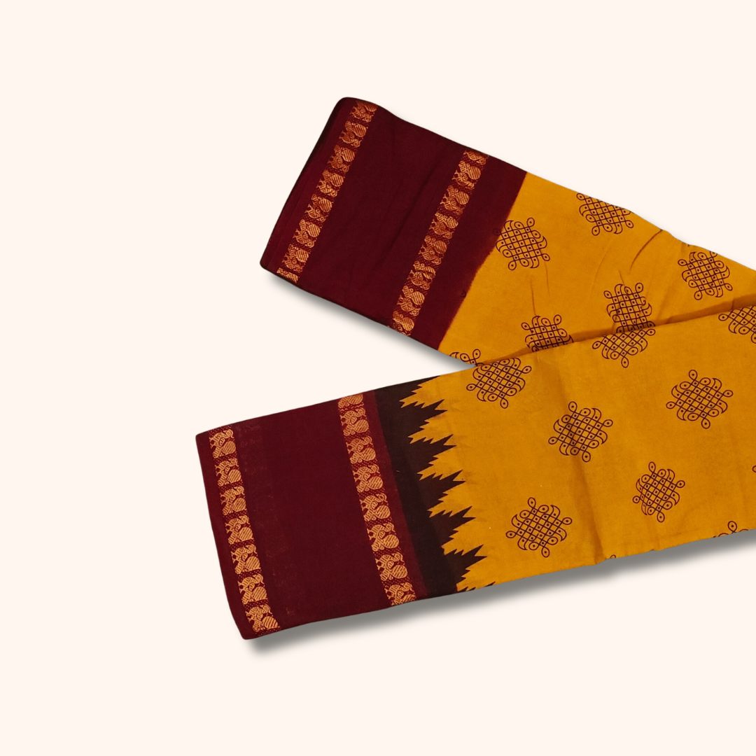 Mustard Yellow Sungudi Cotton Saree with Maroon Peacock Border – Running Blouse