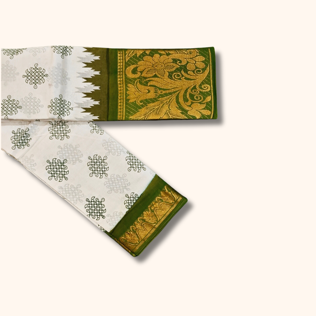 White & Parrot Green Floral Border Kolam Sungudi Cotton Saree