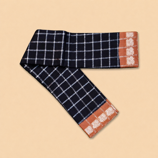 Dark Ink Blue Pavithra Kattam Cotton Saree with Silver Checks & Peach Elephant Border