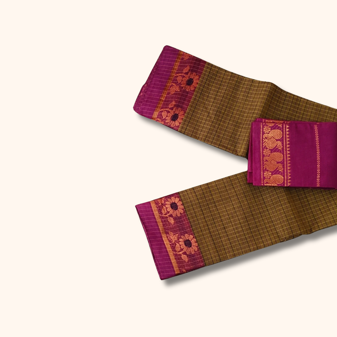Brown Checked Chettinad Cotton Saree with Magenta Floral Border
