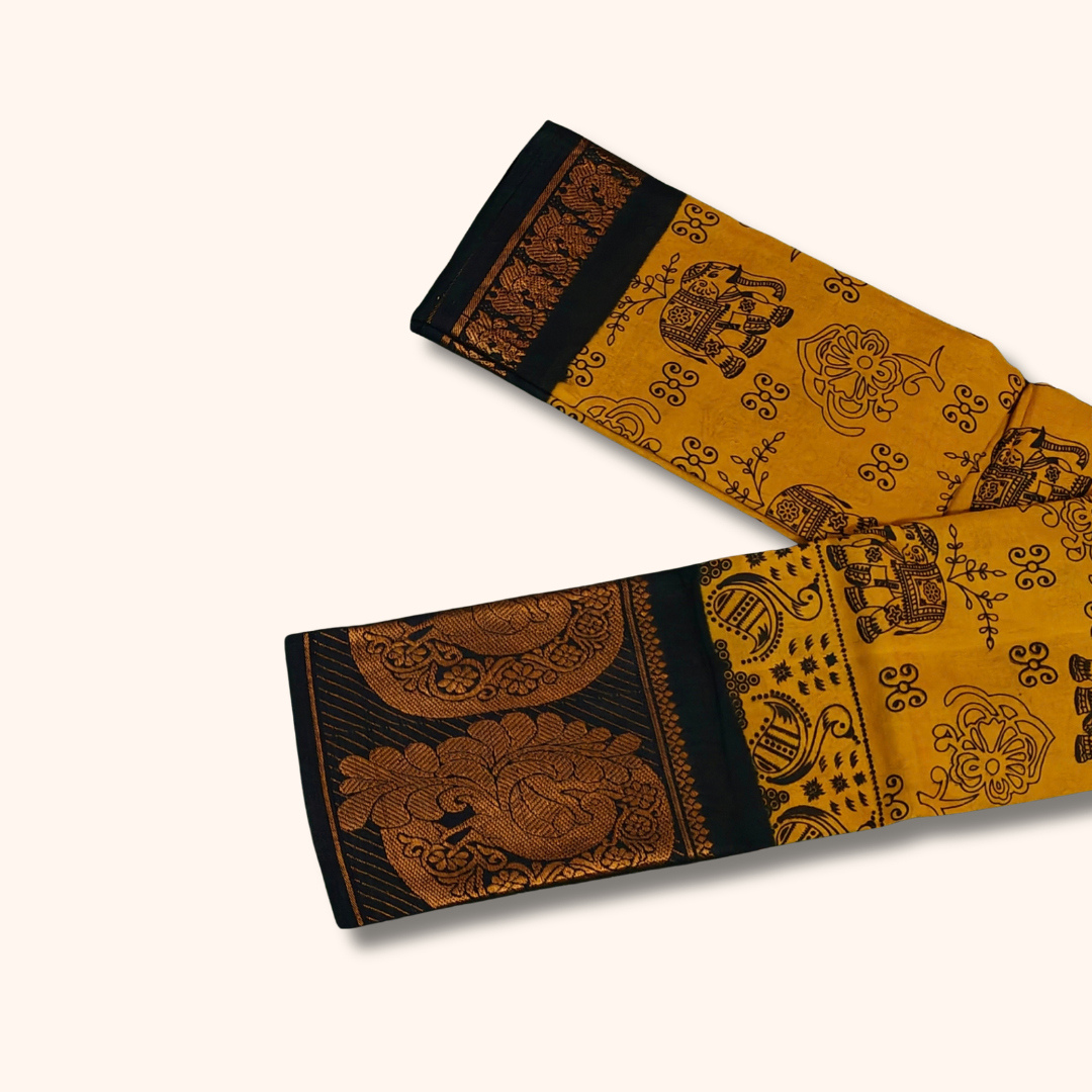Mustard Yellow Pure Sungudi Cotton Saree with Black Traditional Printed Border – No Blouse