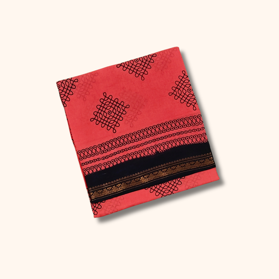 Coral Pink Sungudi Cotton Saree with Black Border