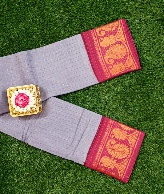 Grey with Maroon Zari Border Subgudi Checked Cotton Sarees