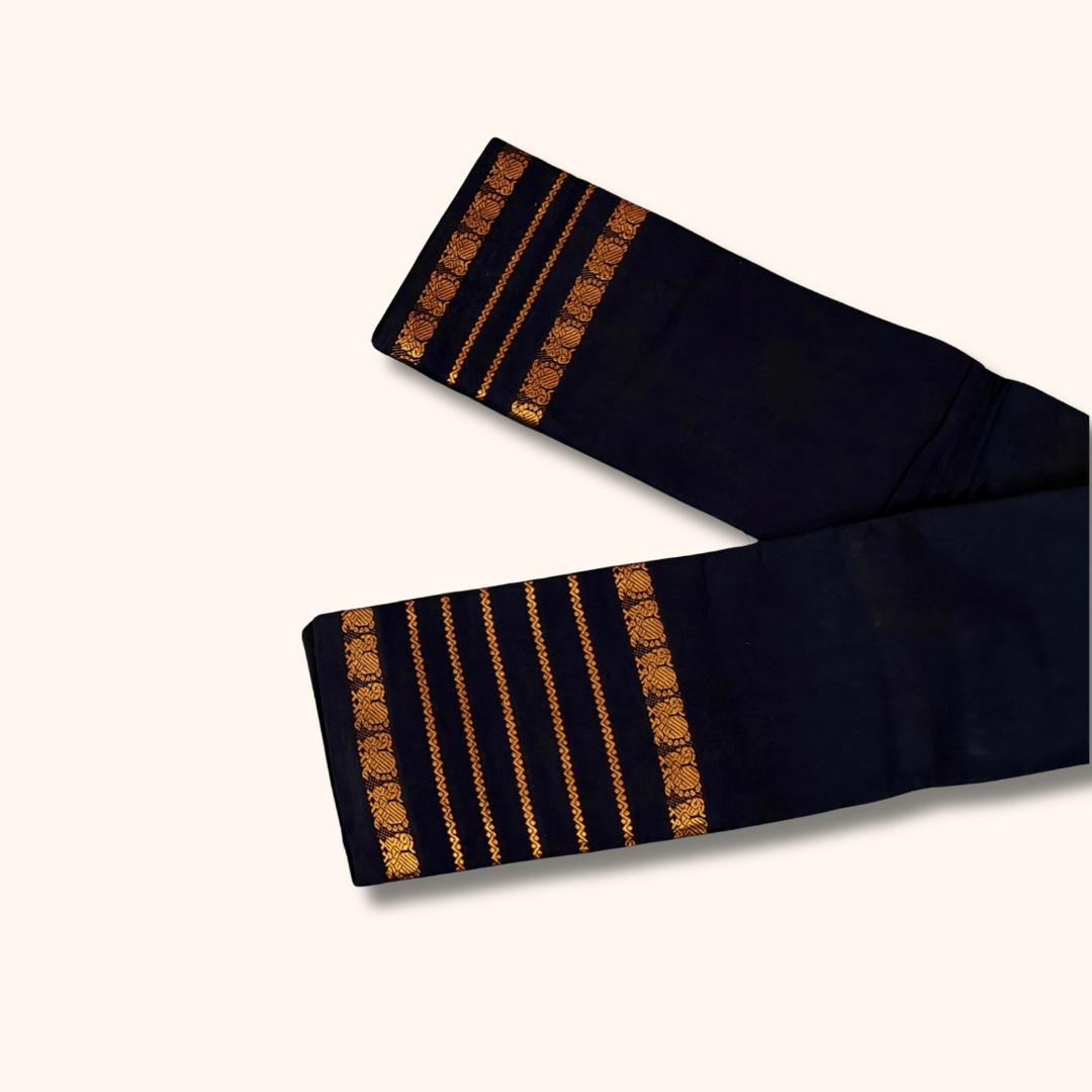 Black Cotton Saree with Gold Zari Striped Border – No Blouse