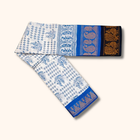 White & Royal Blue Printed Sungudi Cotton Saree with Traditional Zari Border