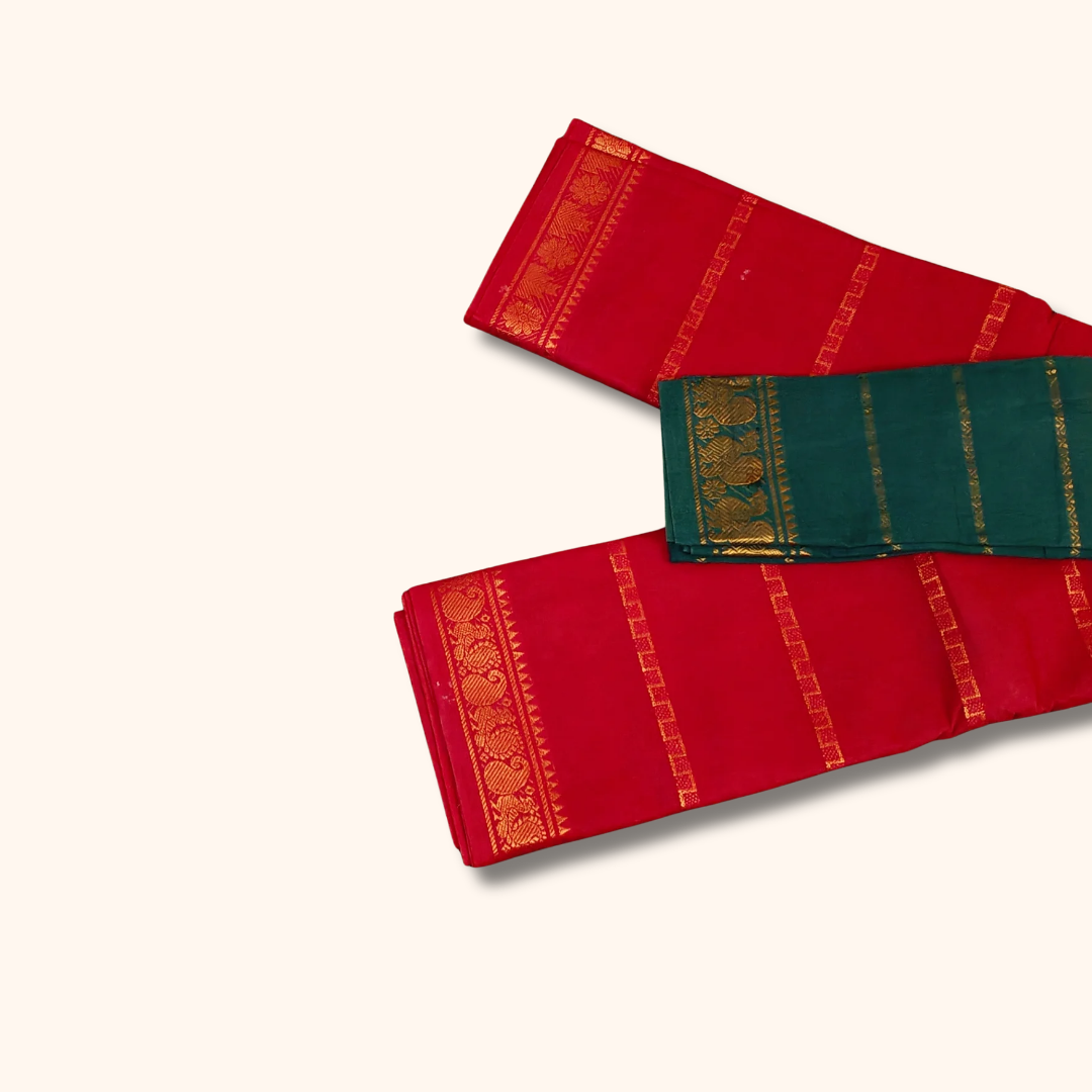Red Sungudi Cotton Saree with Gold Zari Border & Peacock Green Separate Blouse