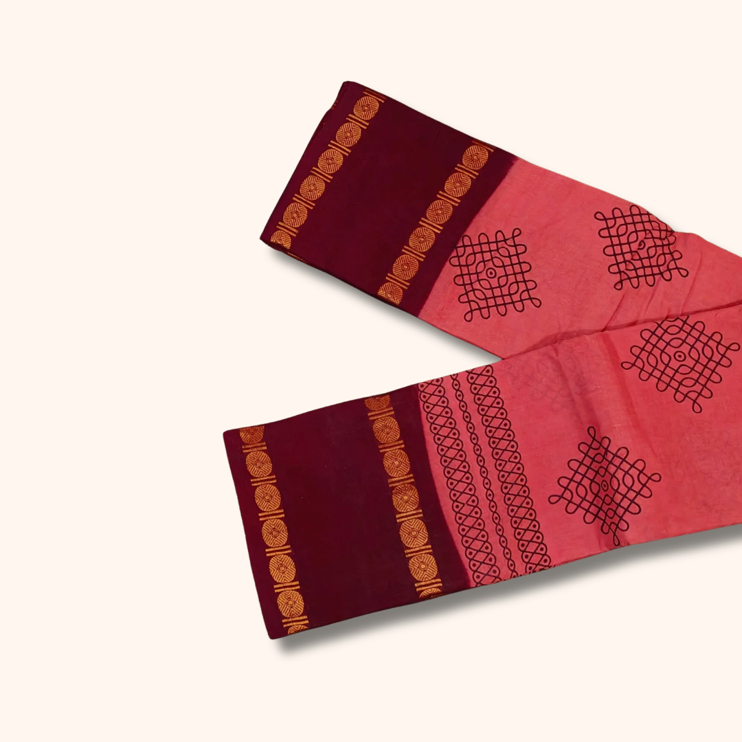 Rose Pink & Maroon Kolam Cotton Saree with Running Blouse