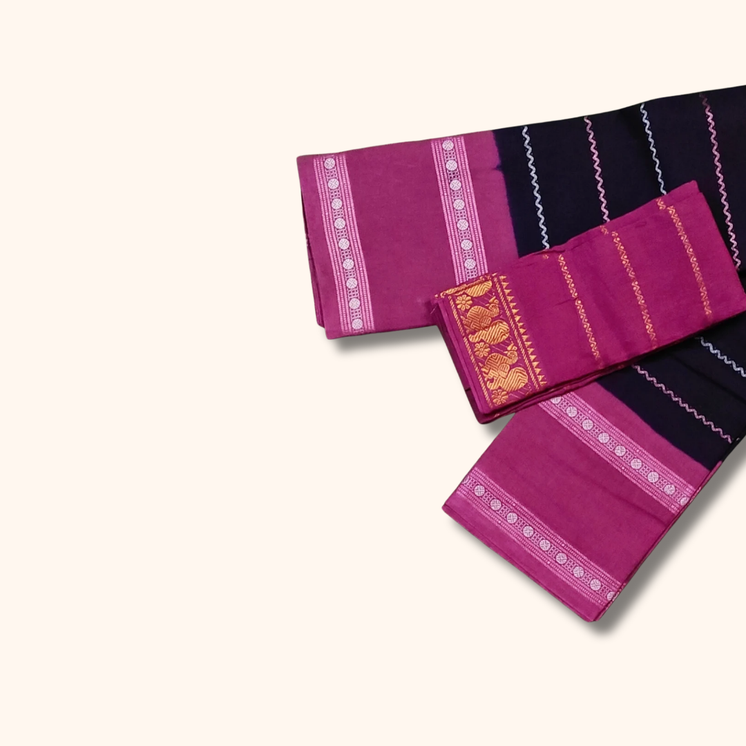 Black Sungudi Cotton Saree with Pink Border & Magenta Separate Blouse