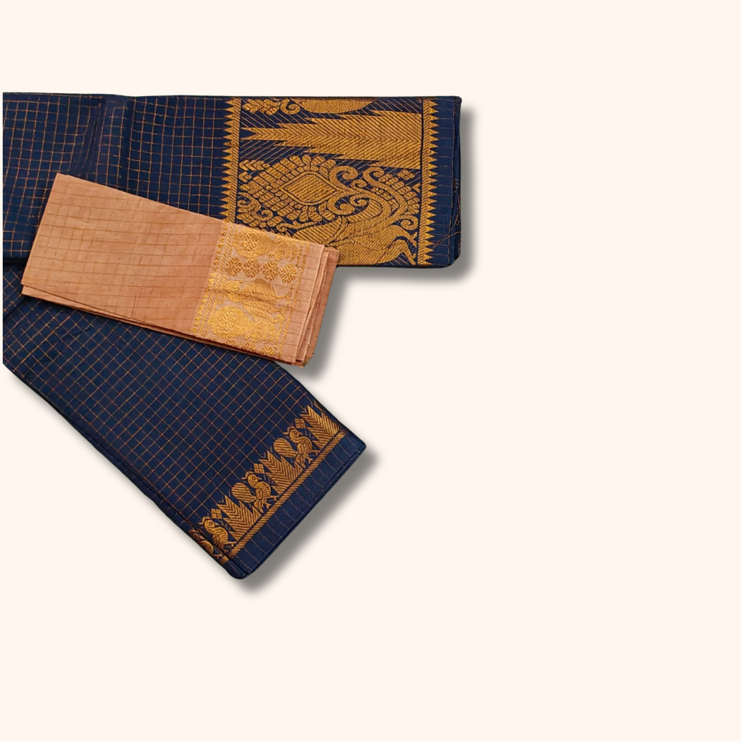 Navy Blue Sungudi Cotton Saree with Gold Zari Peacock Border & Beige Separate Blouse