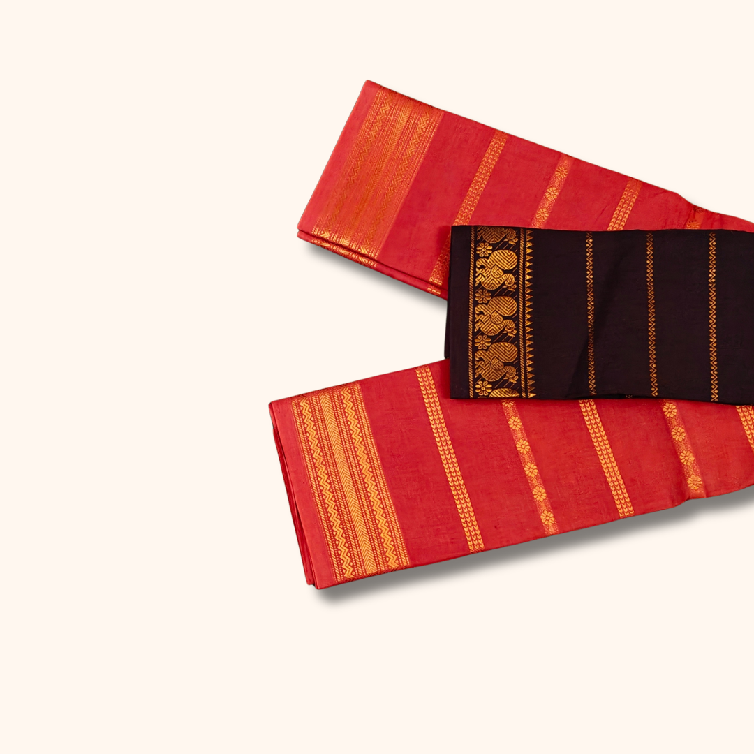 Coral Red Cotton Saree with Maroon Contrast Blouse & Zari Border