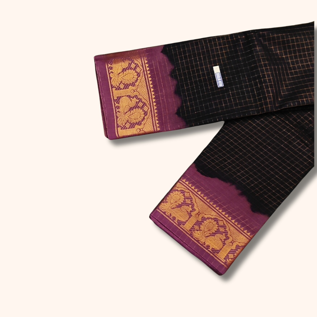 Black Thread Work Sungudi Cotton Saree with Purple Peacock Zari Border