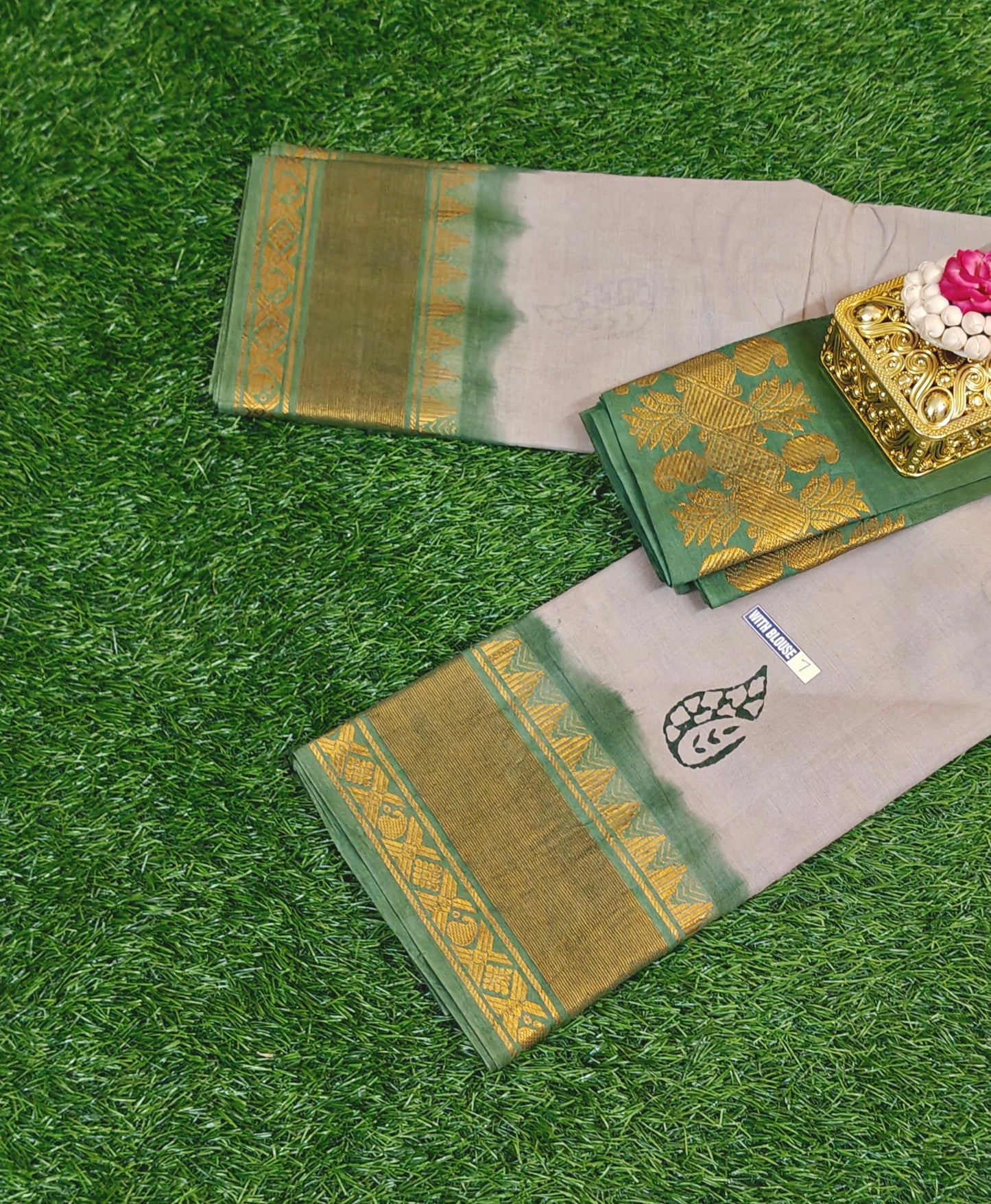 Beautiful Grey Sungudi Cotton Saree with Green Zari Border & Contrast Blouse